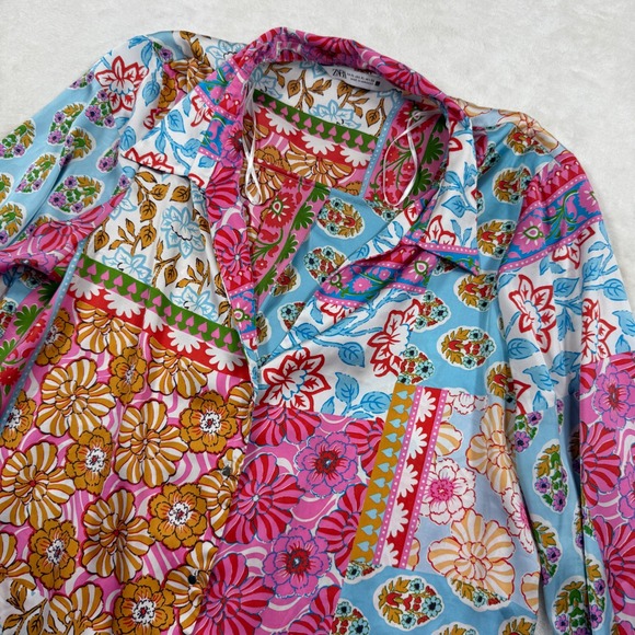 Zara Tops - Zara Floral Patchwork Print Satin Shirt Womens XL Multicolor Long Sleeve Button